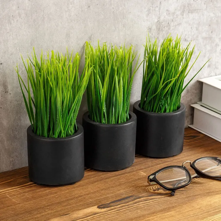 Mini Faux Grass Potted Plants, Decorative Artificial Wheatgrass in Cylindrical Round Black Concrete Planters, Set of 3
