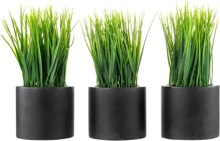 Mini Faux Grass Potted Plants, Decorative Artificial Wheatgrass in Cylindrical Round Black Concrete Planters, Set of 3