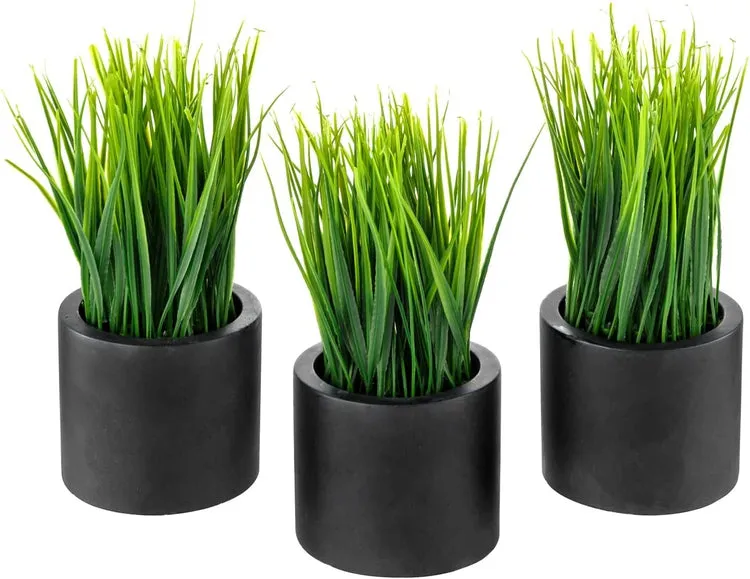 Mini Faux Grass Potted Plants, Decorative Artificial Wheatgrass in Cylindrical Round Black Concrete Planters, Set of 3