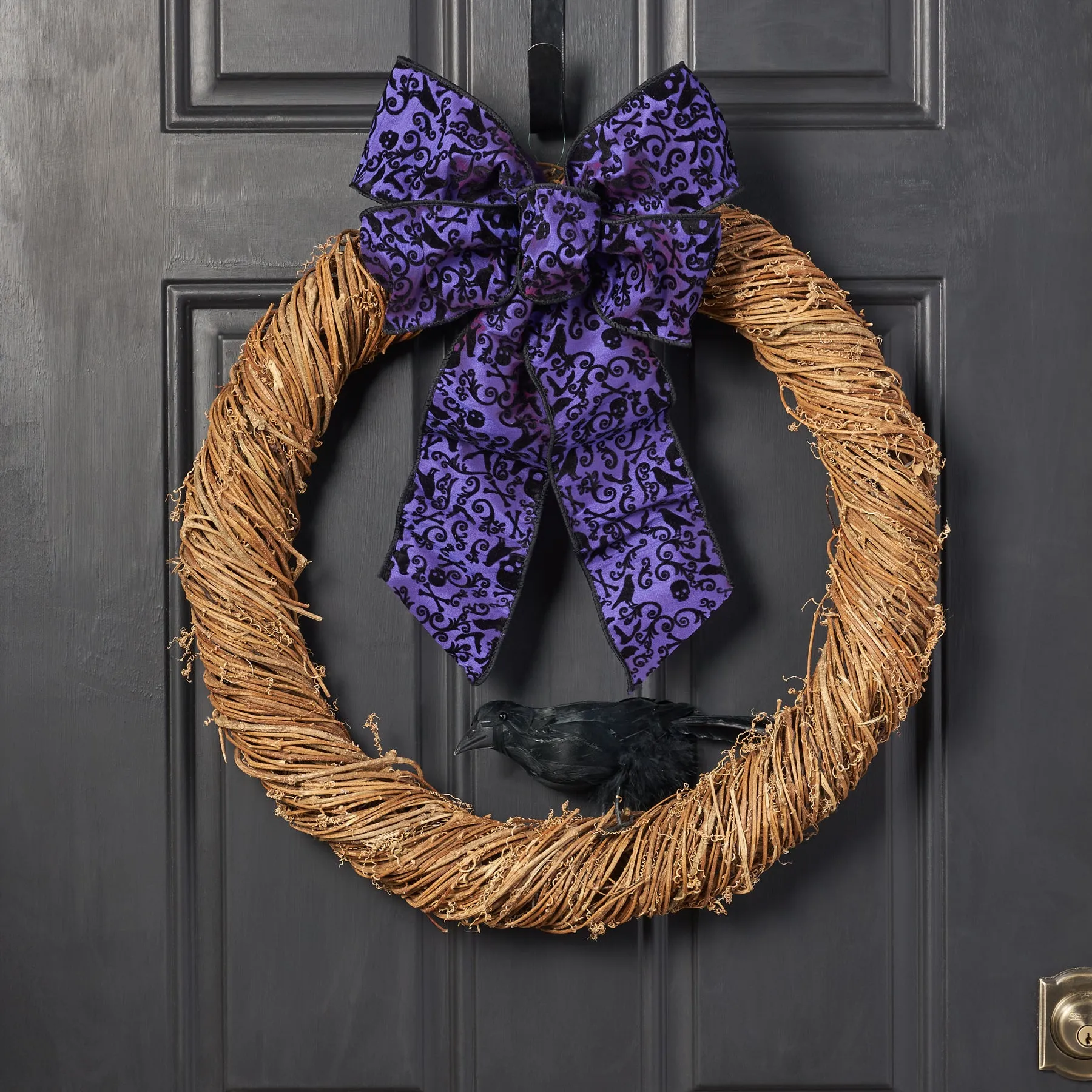 Natural Grapevine Twig Wreath with Purple Halloween Bow & Faux Black Crow