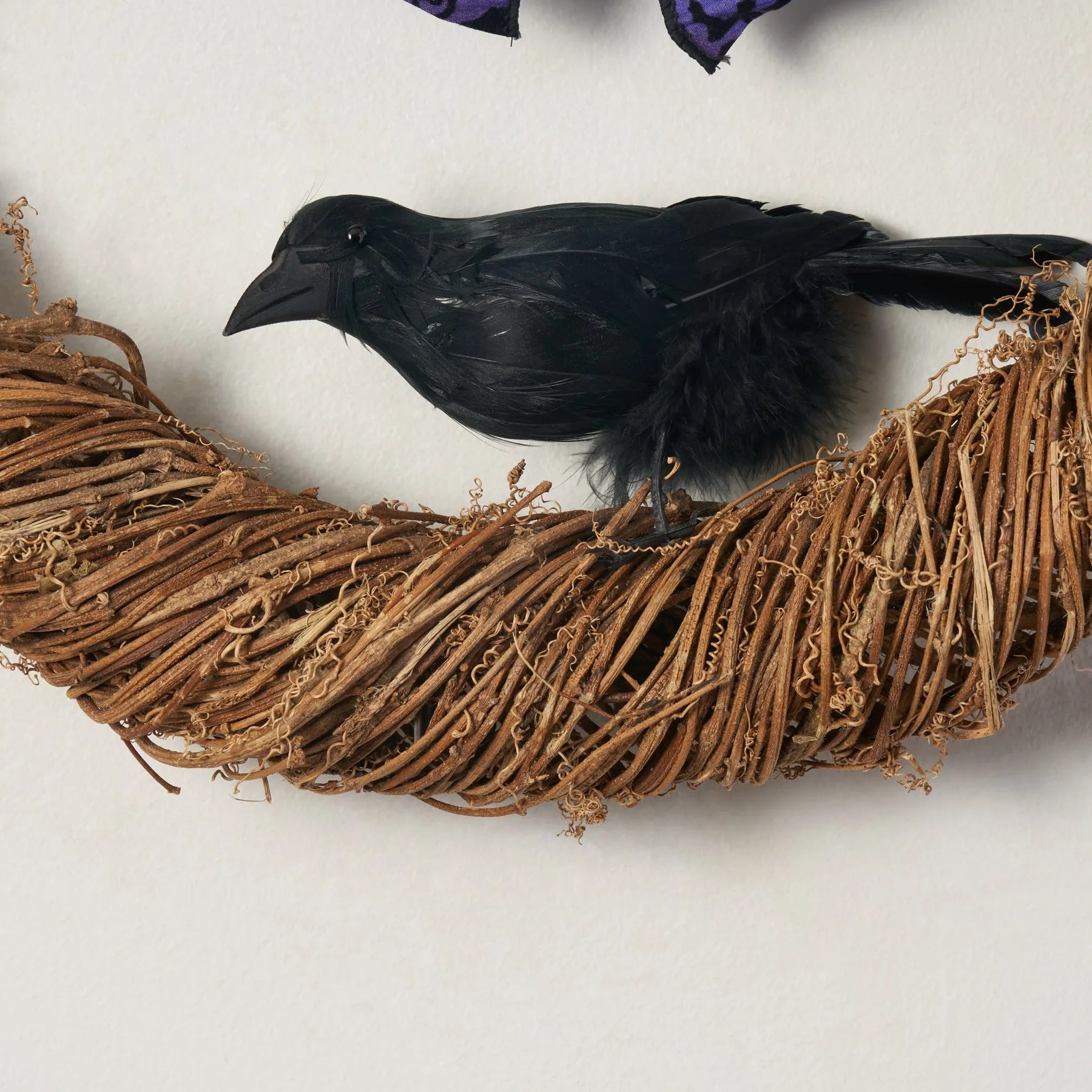 Natural Grapevine Twig Wreath with Purple Halloween Bow & Faux Black Crow