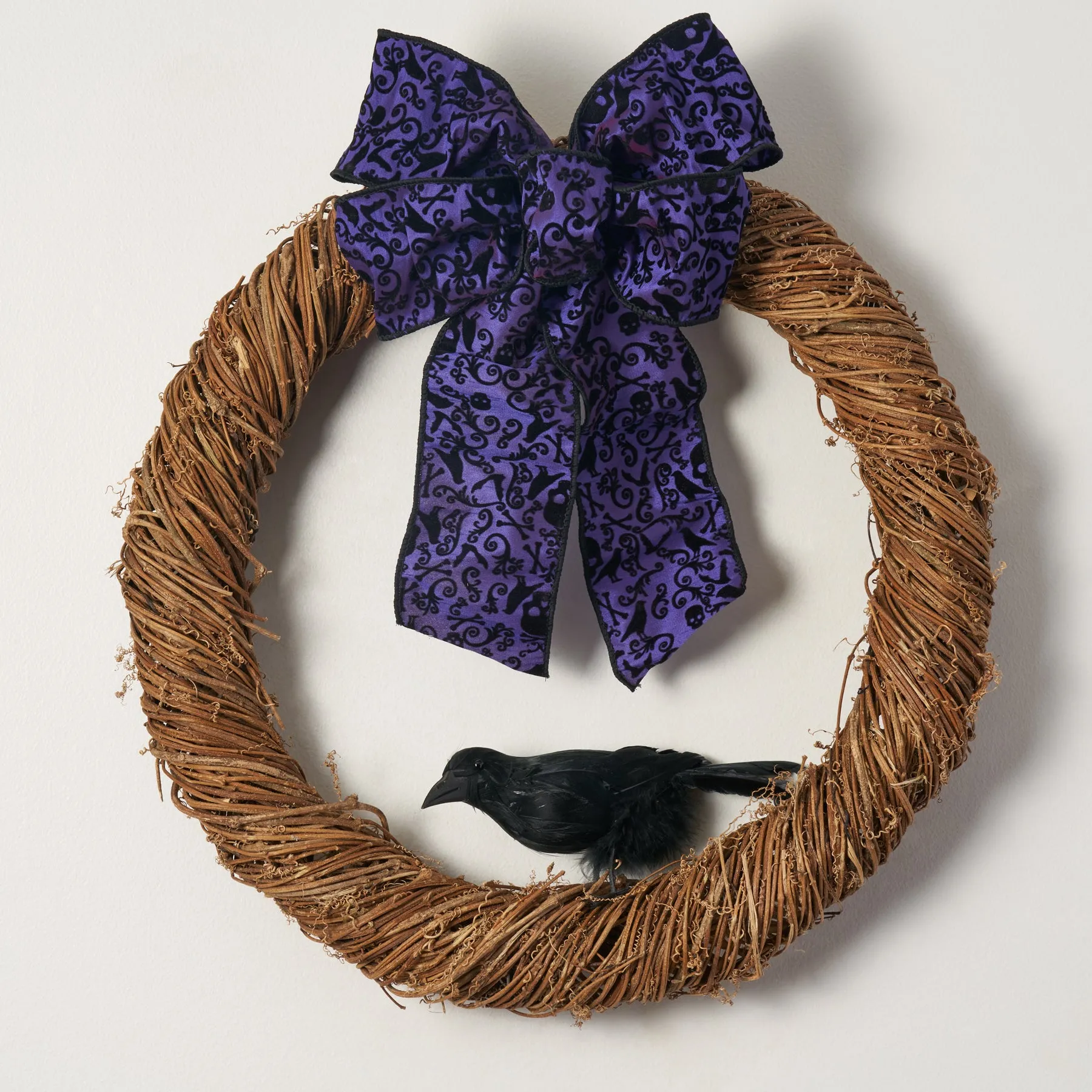 Natural Grapevine Twig Wreath with Purple Halloween Bow & Faux Black Crow