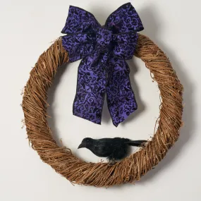 Natural Grapevine Twig Wreath with Purple Halloween Bow & Faux Black Crow