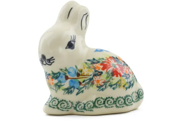 Polish Pottery 3" Bunny Figurine Ring Of Flowers UNIKAT