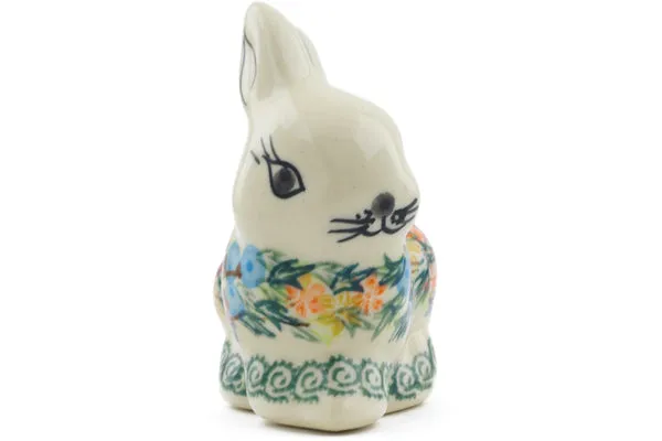 Polish Pottery 3" Bunny Figurine Ring Of Flowers UNIKAT