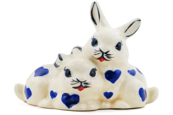 Polish Pottery 4" Bunny Figurine Blue Valentine Hearts