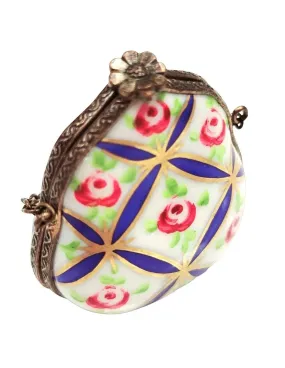 Purse Blue Diagnals Flowers w Special Antiqued Brass - One of a Kind Hand Painted