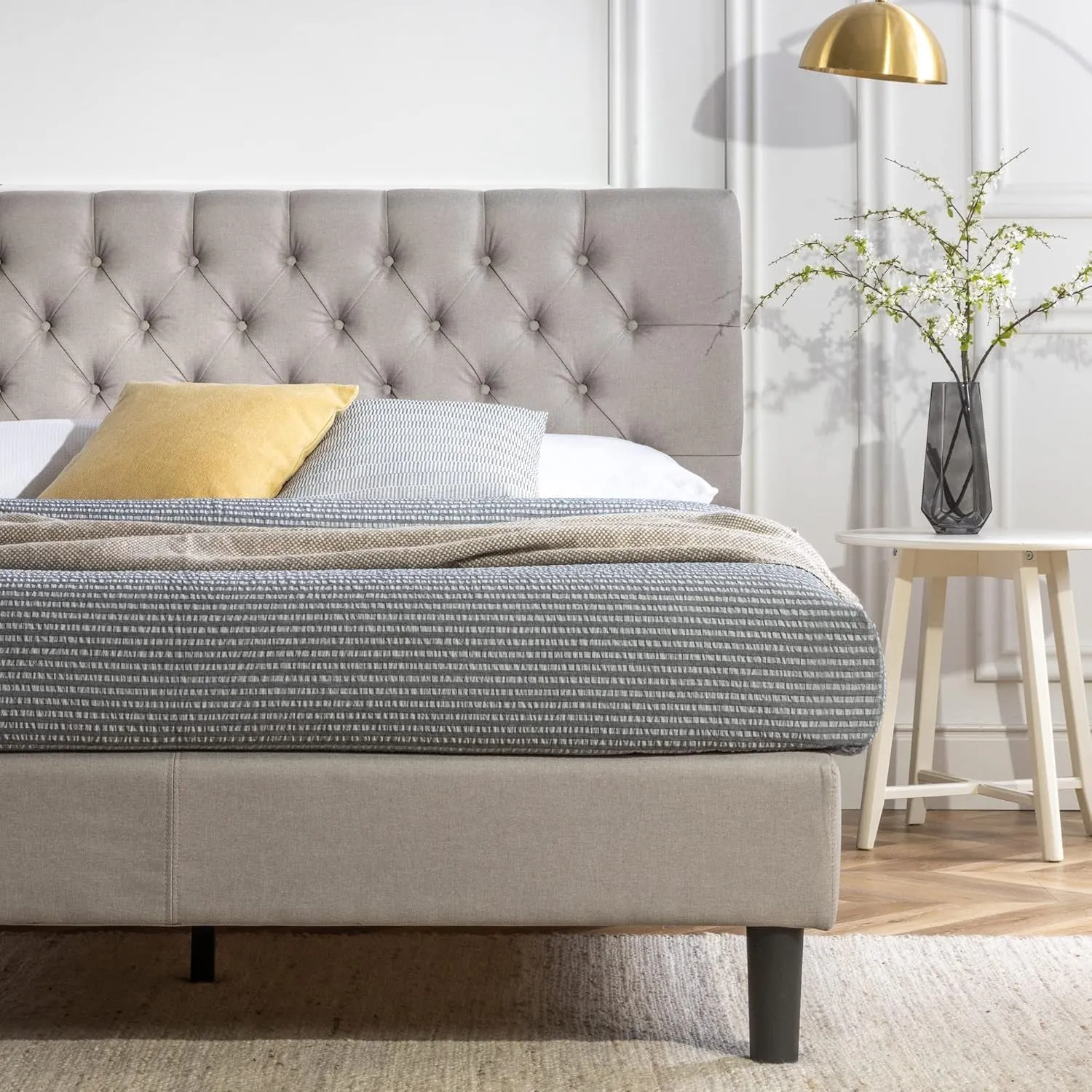 Queen Bed Frame Misty Bed Mattress Base, Light Grey | Upholstered Button Tufted Fabric Platform | Bedroom Furniture