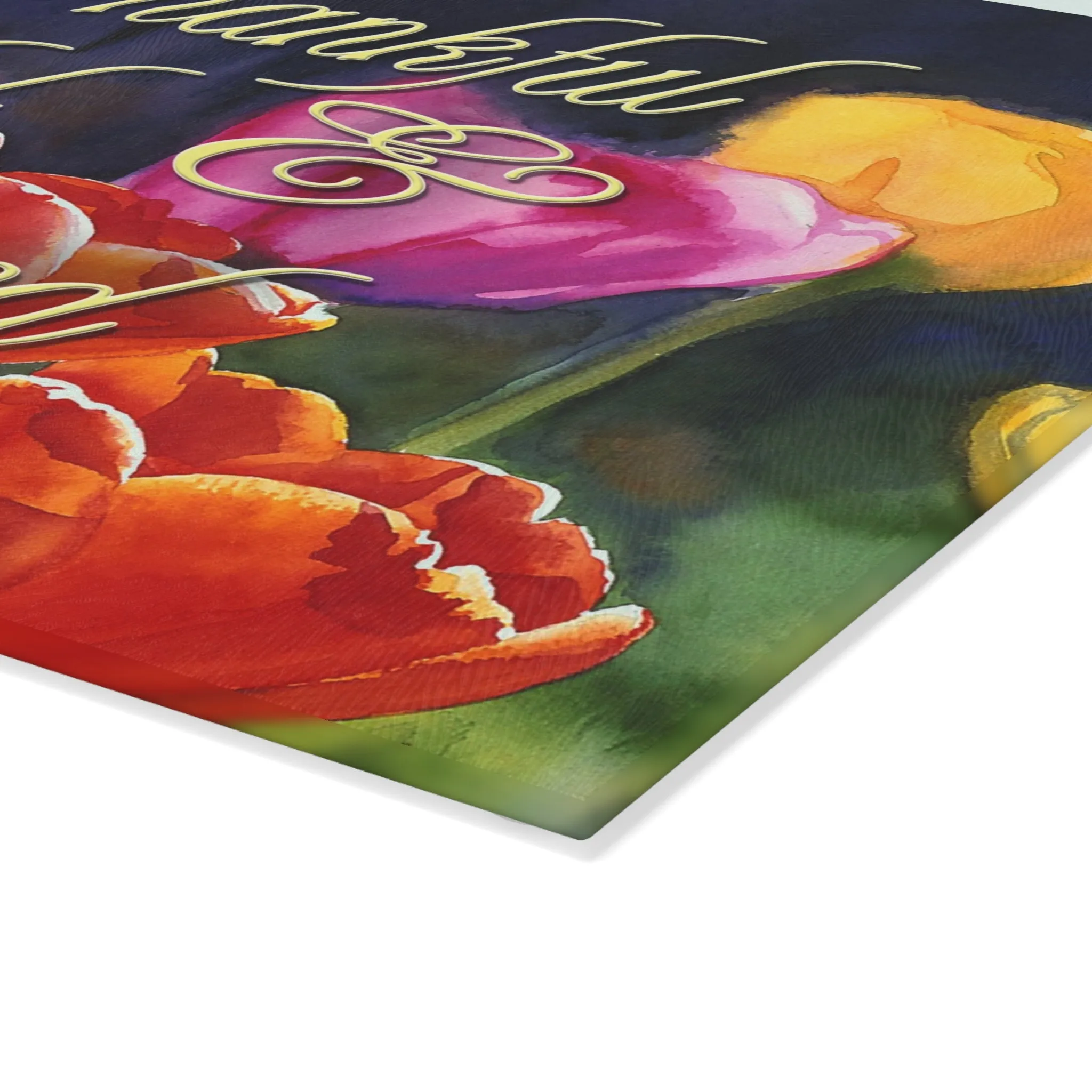 "Sunny Day Tulips" watercolor on Glass Cutting Board