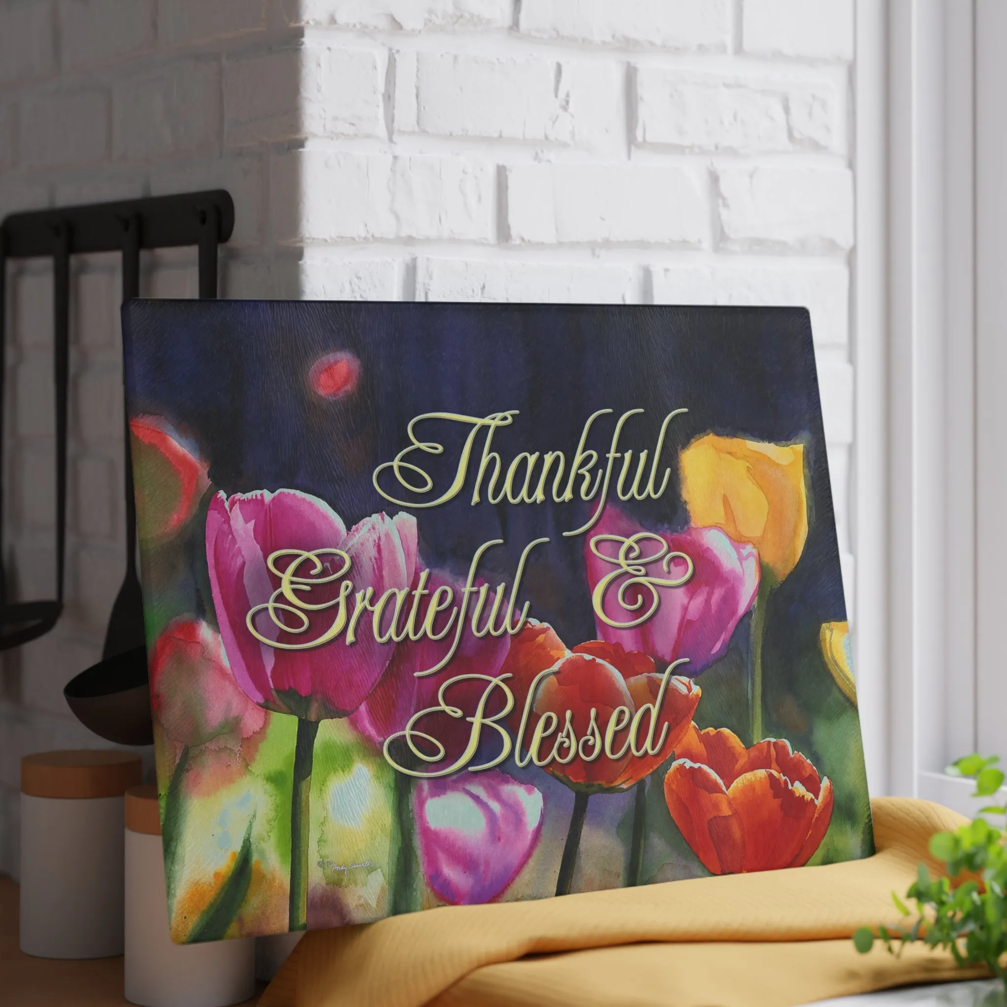 "Sunny Day Tulips" watercolor on Glass Cutting Board