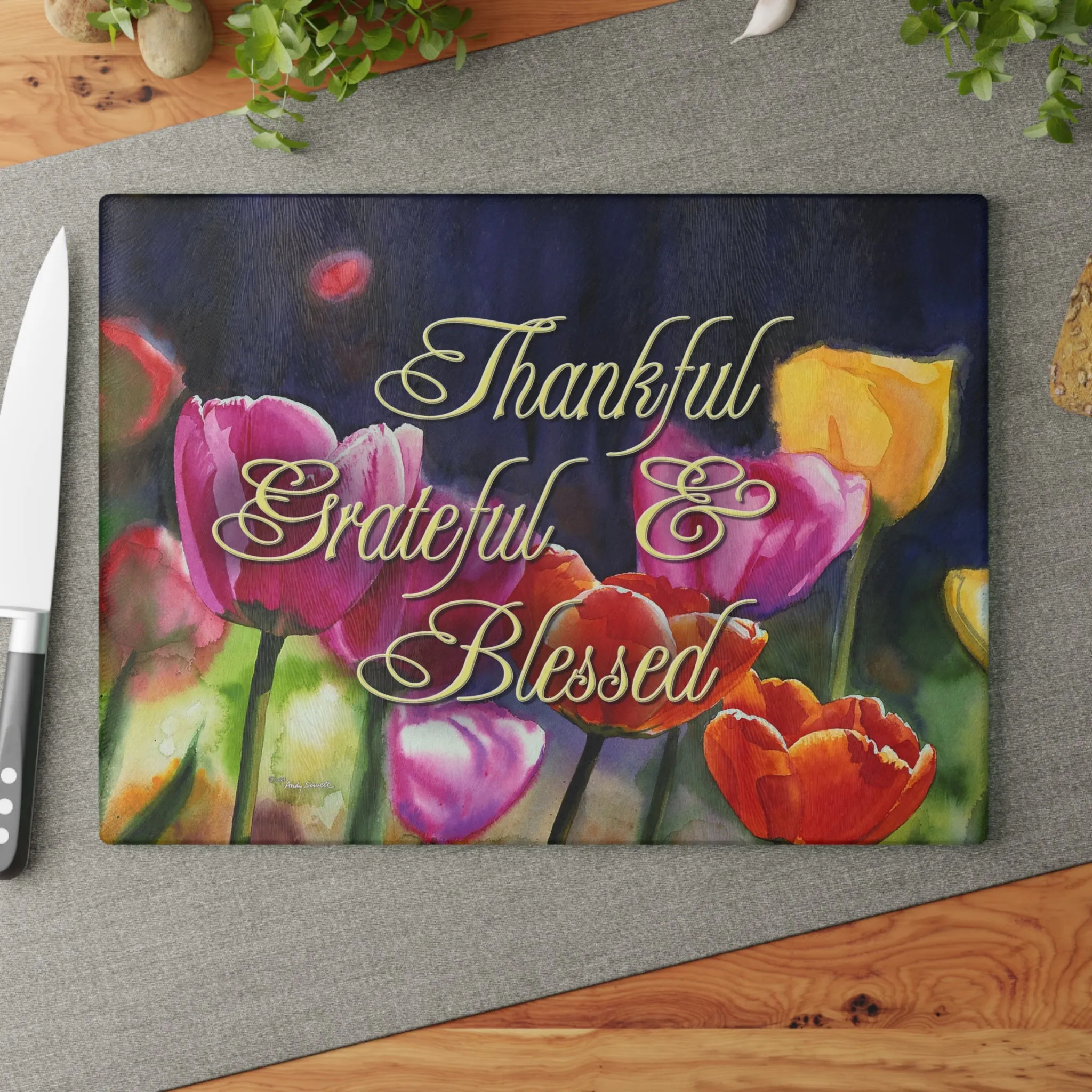 "Sunny Day Tulips" watercolor on Glass Cutting Board