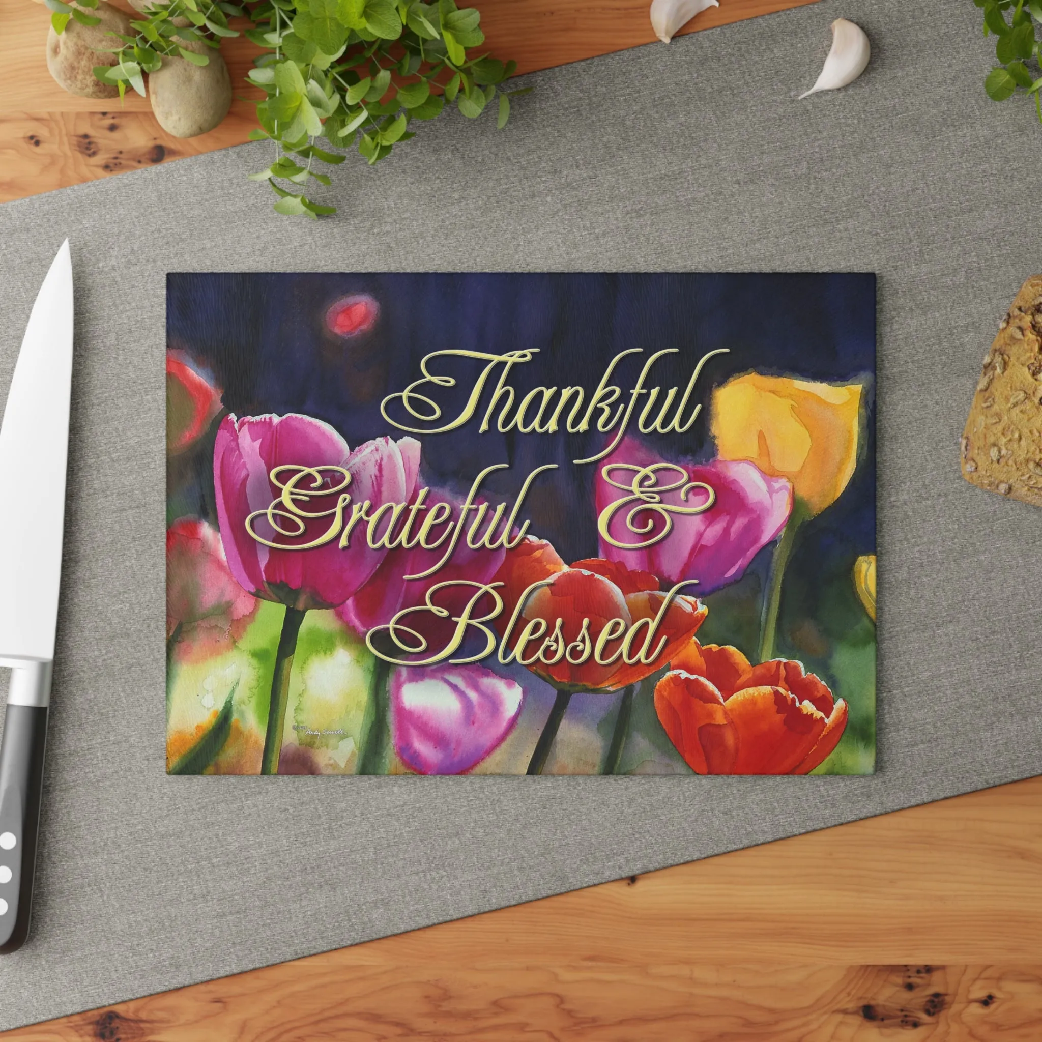 "Sunny Day Tulips" watercolor on Glass Cutting Board