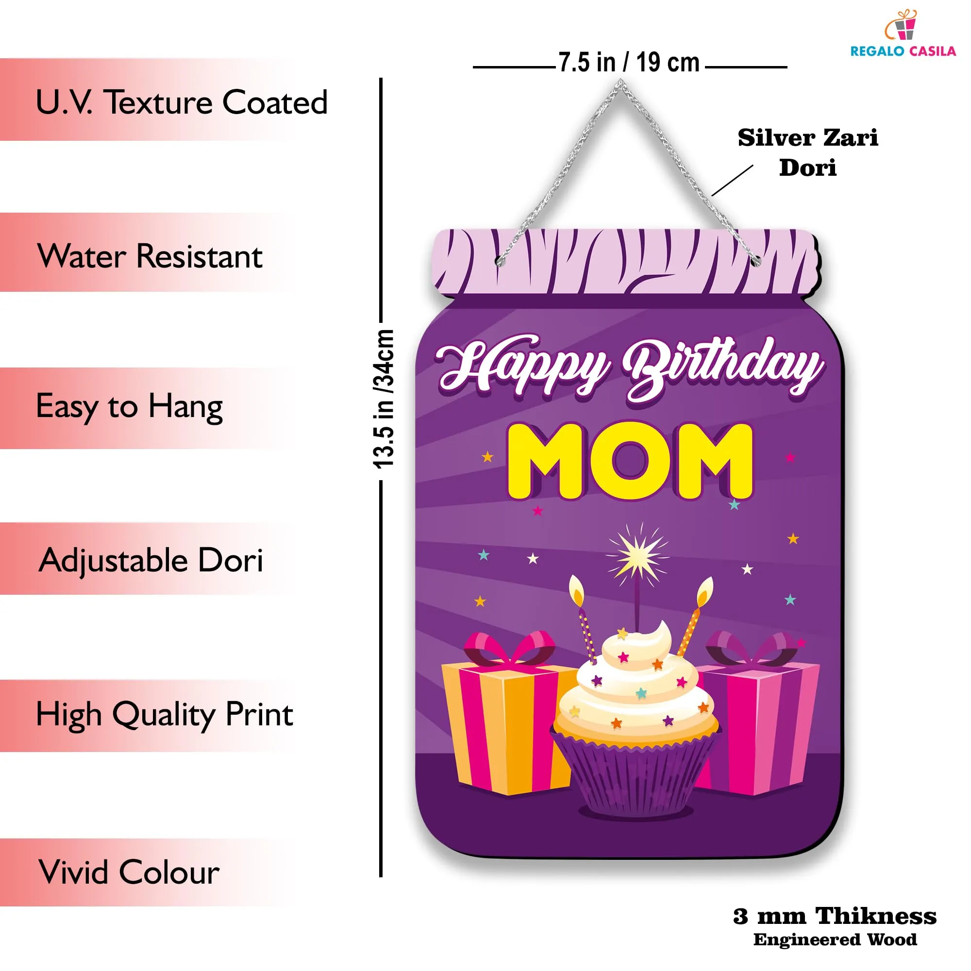 Regalocasila Beautiful Printed Happy Birthday Mom Wooden Wall Hanging With Adjustable Silver Rope