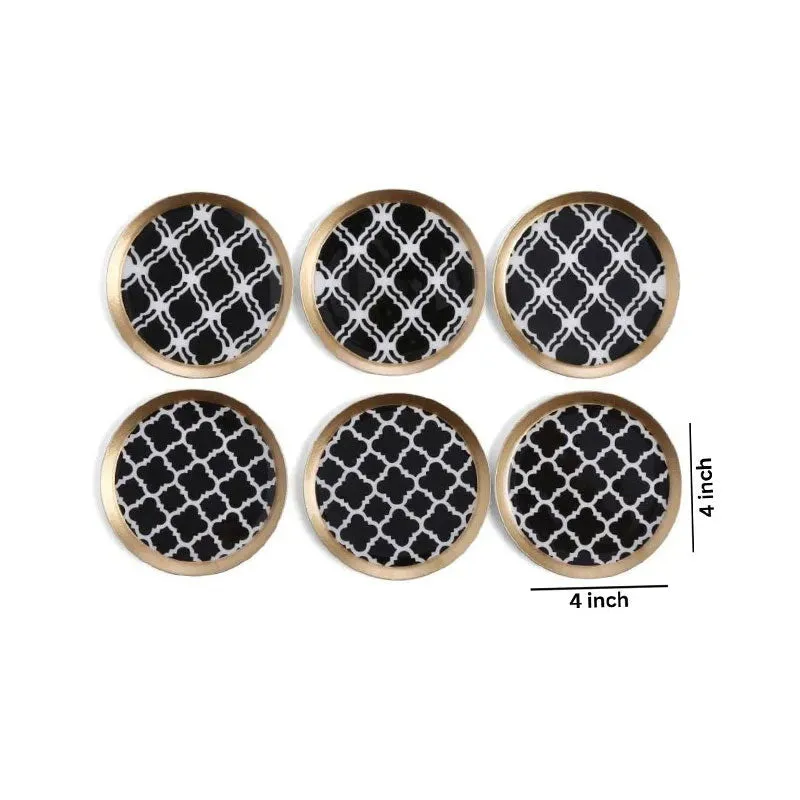 Round Classic Black Print Metal Coasters | Set Of 6