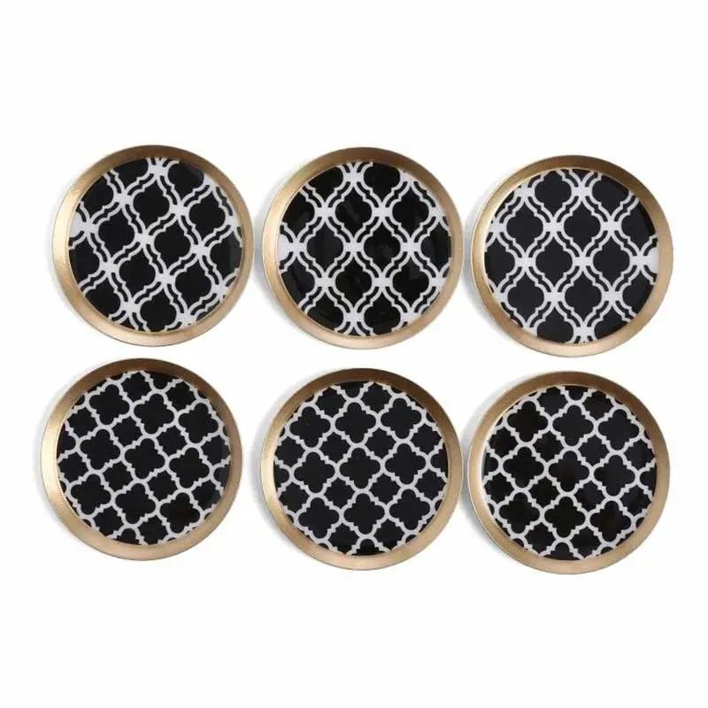 Round Classic Black Print Metal Coasters | Set Of 6