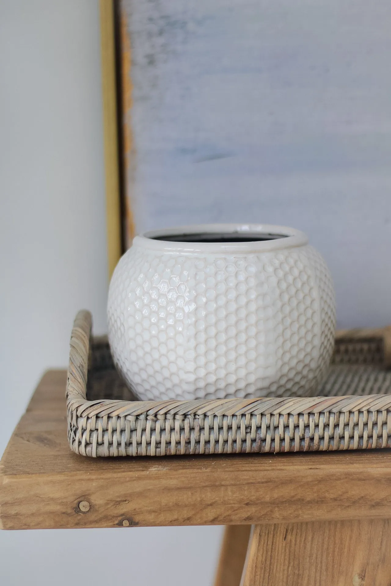 Small Honeycomb Effect White Ceramic Planter