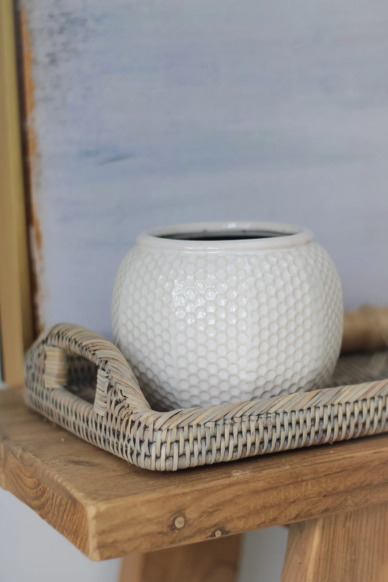 Small Honeycomb Effect White Ceramic Planter