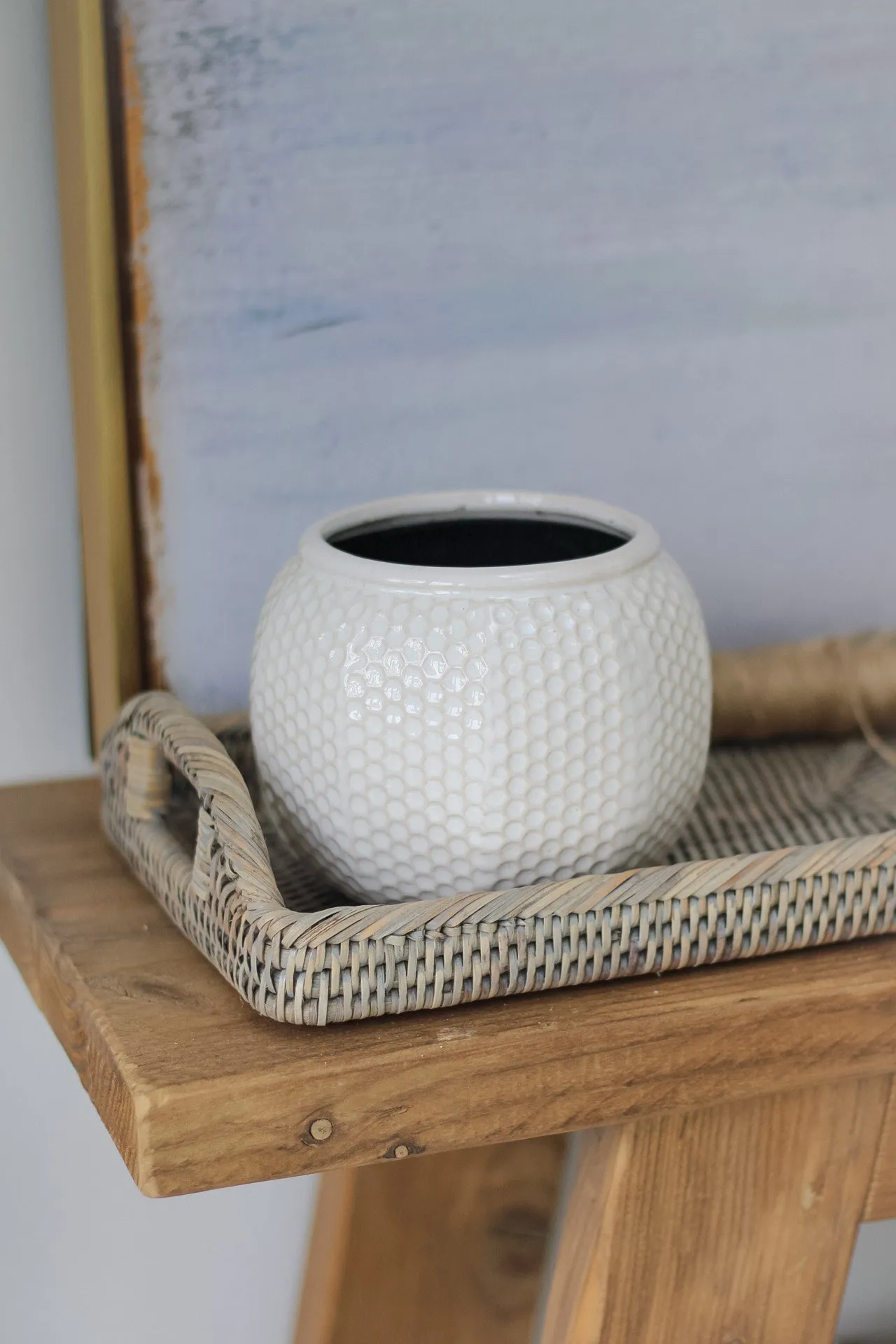 Small Honeycomb Effect White Ceramic Planter