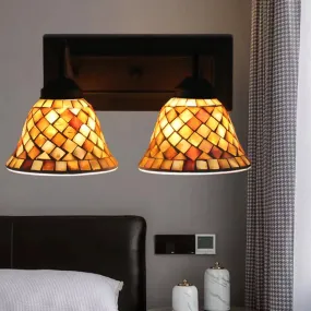 Tiffany Shell Bell Sconce Light Fixture - 2 Head Beige Wall Mounted Bedroom Light