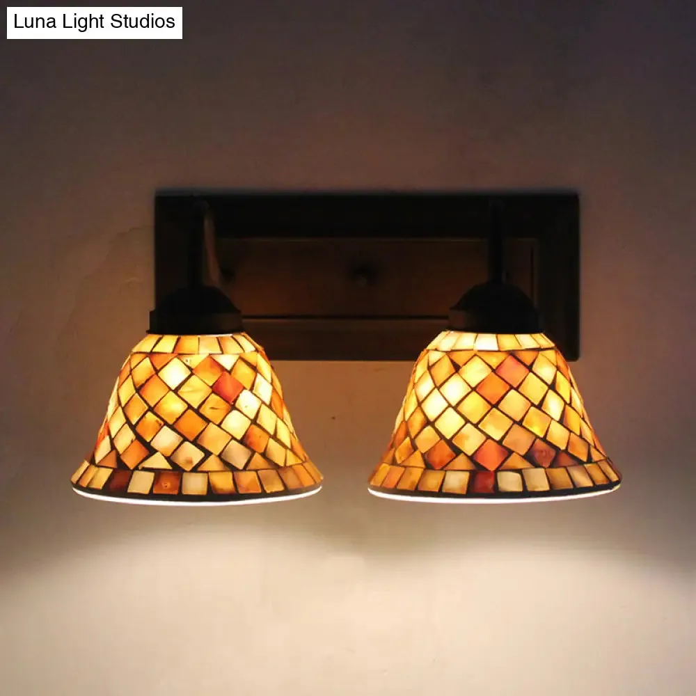 Tiffany Shell Bell Sconce Light Fixture - 2 Head Beige Wall Mounted Bedroom Light