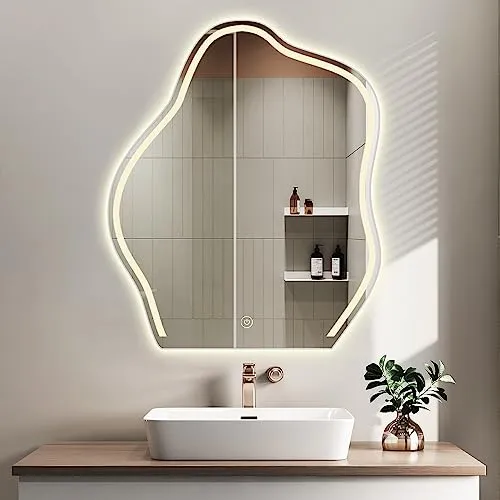 Tropeki led irregular mirror Irregular Wall Mirror with LED, 24x36 inch 3 Colors Vanity Mirror, Glass Shartter Proof,