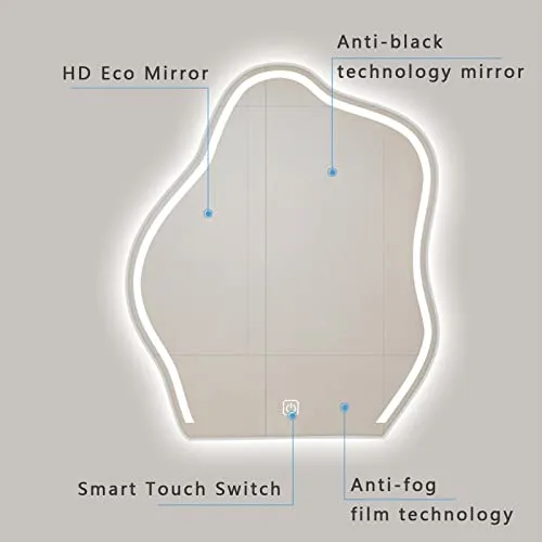 Tropeki led irregular mirror Irregular Wall Mirror with LED, 24x36 inch 3 Colors Vanity Mirror, Glass Shartter Proof,