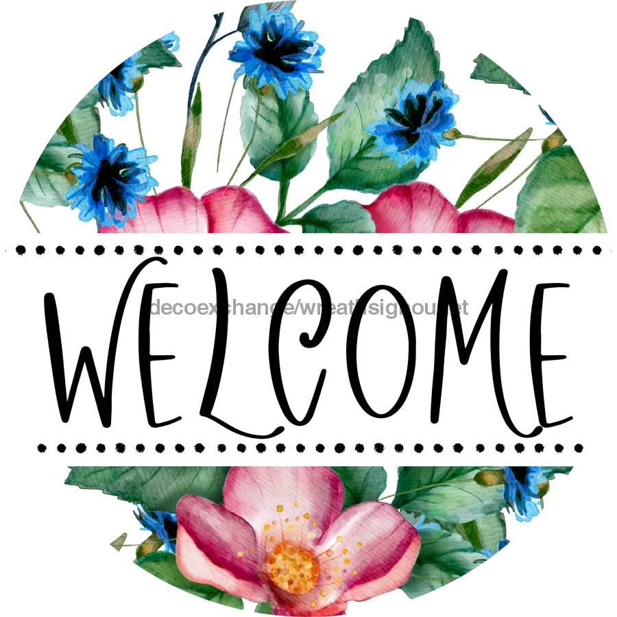 Welcome Wreath Sign, Floral Wreath, DECOE-4138-A, 11.75" Metal Round
