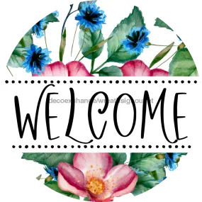Welcome Wreath Sign, Floral Wreath, DECOE-4138-A, 11.75" Metal Round