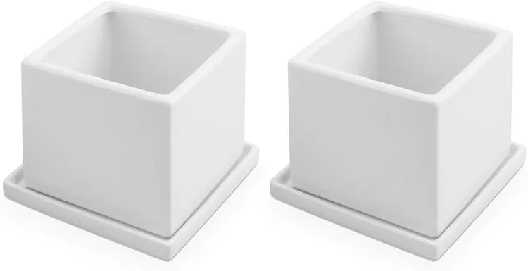 White Square Ceramic Planters with Matching Removable Saucers, Set of 2