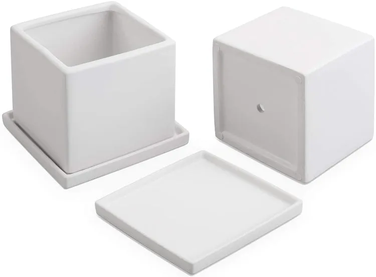 White Square Ceramic Planters with Matching Removable Saucers, Set of 2