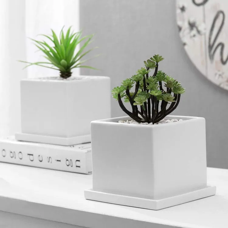 White Square Ceramic Planters with Matching Removable Saucers, Set of 2