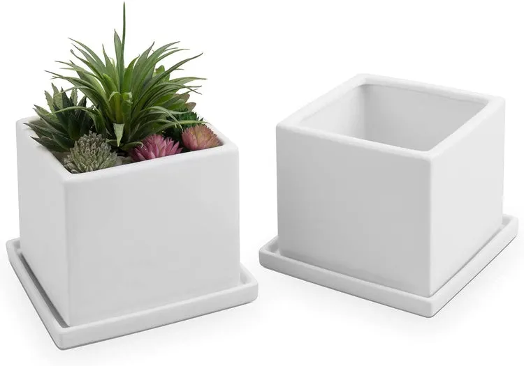 White Square Ceramic Planters with Matching Removable Saucers, Set of 2