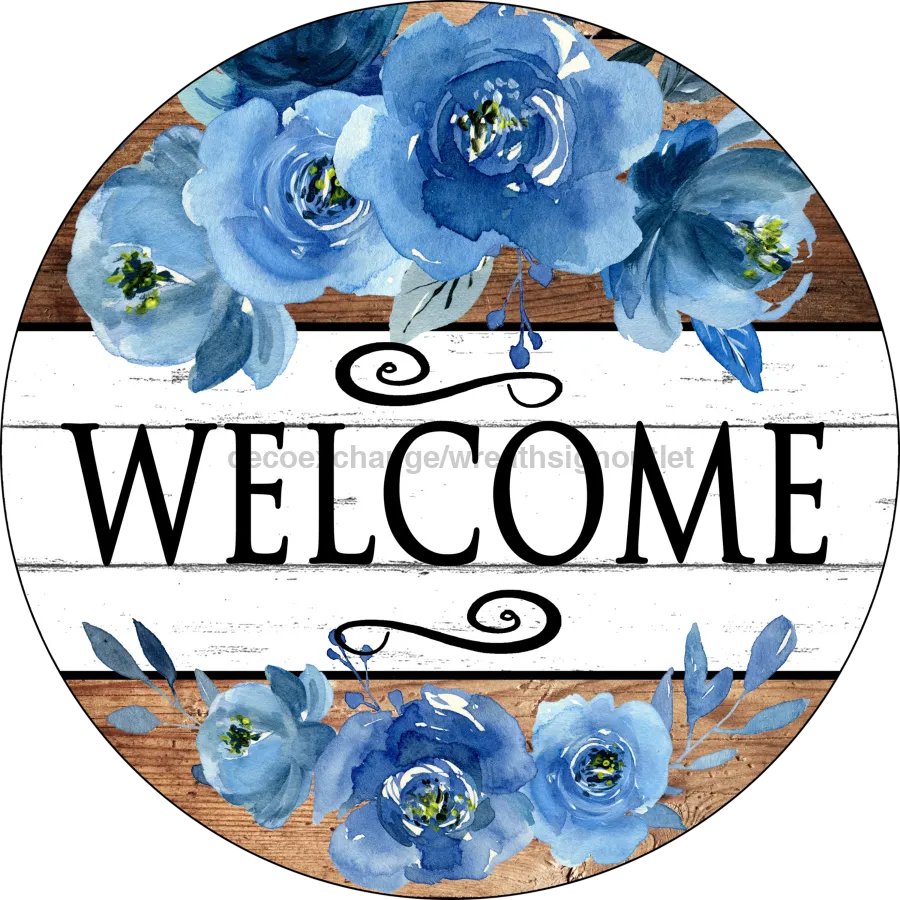 Wreath Sign, Blue Flowers Sign, Welcome Sign, Round Sign, DECOE-509-B, Sign For Wreath, DecoExchange
