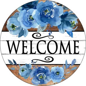 Wreath Sign, Blue Flowers Sign, Welcome Sign, Round Sign, DECOE-509-B, Sign For Wreath, DecoExchange