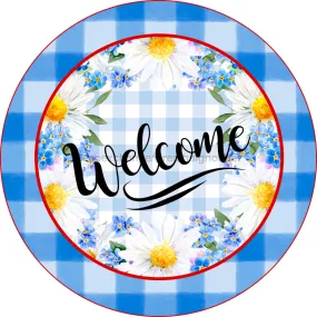 Wreath Sign, Daisy Sign, Blue Welcome Sign, 12" Round Metal Sign DECOE-822, Sign For Wreath, DecoExchange