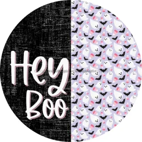 Wreath Sign, Halloween Door Hanger, Hey Boo, Pink Halloween, Ghost Door Hanger, DECOE-2364, Sign For Wreath, Round Sign, 18" Wood Round