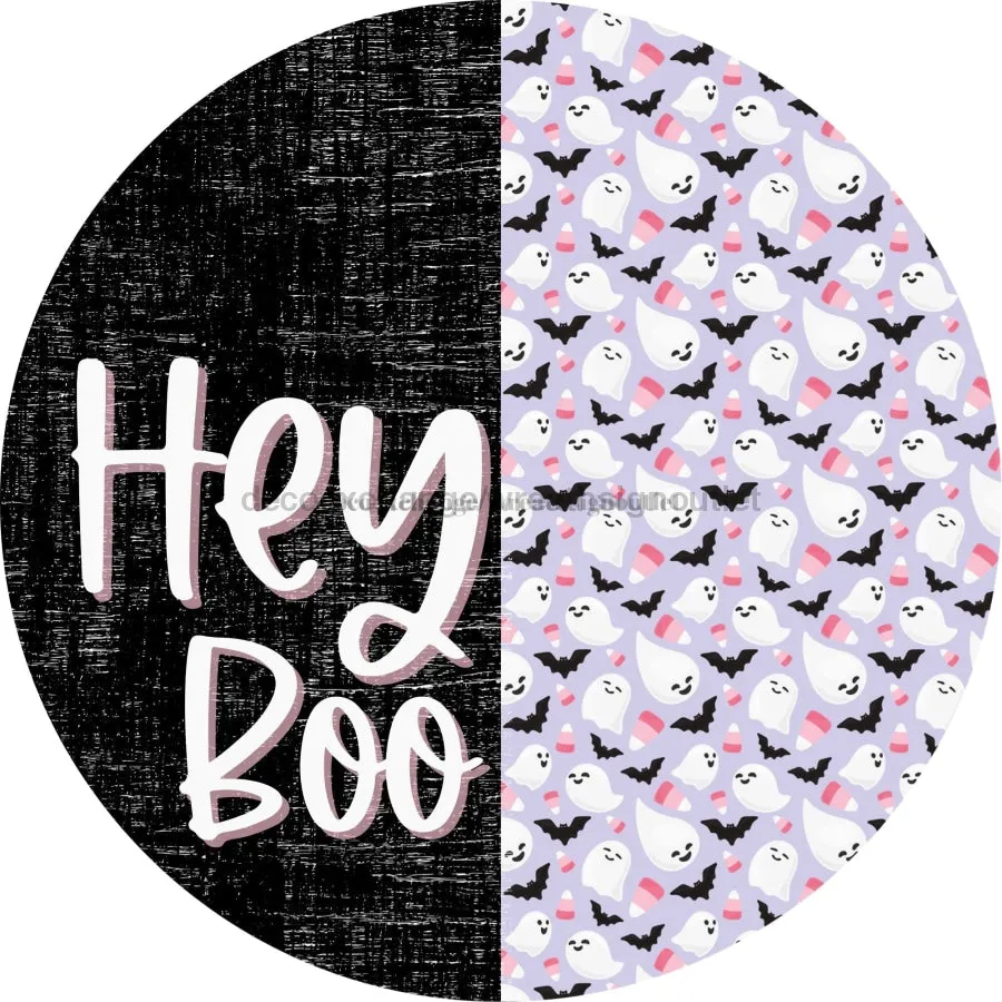 Wreath Sign, Halloween Door Hanger, Hey Boo, Pink Halloween, Ghost Door Hanger, DECOE-2364, Sign For Wreath, Round Sign, 18" Wood Round